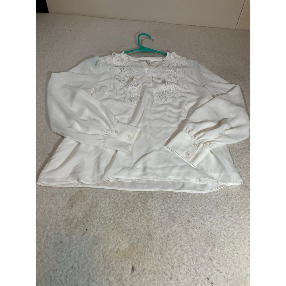 CeCe Womens White Floral Lace Applique Long Sleeve Pintuck Blouse Size Small